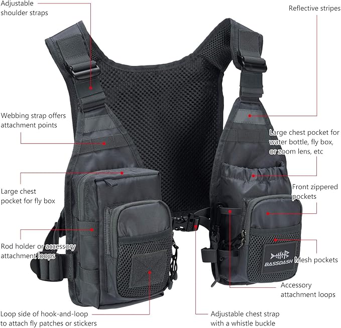 BASSDASH FV08 Ultra Lightweight Fly Fishing Vest for Men and Women Portable Chest Pack One Size Fits Most
