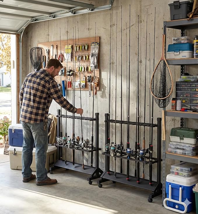 24-Rod Aluminum Alloy Rolling Fishing Pole Holder, Rustproof Fishing Rod Rack with 360° Lockable Wheels, Multi-Functional Storage Organizer for Garage & Home, Fits Most Rods & Golf Clubs (Gray)