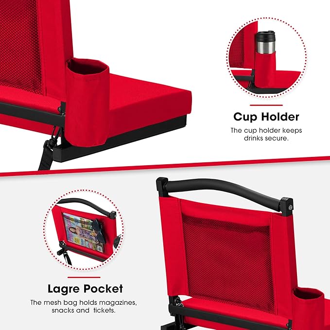 Fragess Bleacher seat, Stadium Seats with Back Support and Thick Cushion, Bleacher Chairs with Shoulder Strap and Side Pocket, Stadium Seat for Bleachers, Perfect for Sports Events(RED)