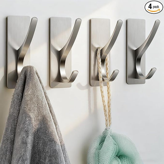 Self Adhesive Towel Hooks: Extra Strong 13LB, Stainless Hook for Hanging Loofah, Towels, Coat, Bath Robe Bathroom Shower, Brushed Nickel, 4 Pack