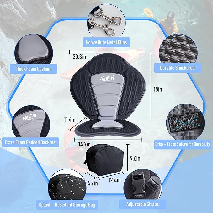 NEW-Vi Universal Deluxe Detachable Kayak Seat Paddle Board Seat Canoe Seat Kayak Seats with Back Support, 4 Adjustable Straps High Back Support, Form-Fitting for Kayaks SUP Fishing Boat Rowboat