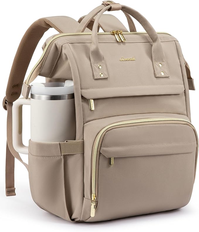 LOVEVOOK Laptop Backpack for Women with Giant Tumbler Holder Pocket,17 inch Waterproof Travel Backpack Purse Computer Laptop Bag,Large Professional Work College Nurse Teacher Backpack,Beige Apricot