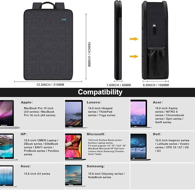 ZINZ Slim & Expandable Laptop Backpack 15 15.6 16 Inch Sleeve, Spill-Resistant Notebooks Bag Case for Most 14-16 Inch MacBooks Surface-Books Dell HP Lenovo Asus Computers,B04K01