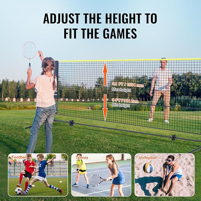 VEVOR Badminton Net, Height Adjustable Volleyball Net, Wide Foldable Pickleball Net, Portable Easy Setup Tennis Net Set with Poles, Stand and Carry Bag, for Kids Backyard Game Indoor Outdoor Use