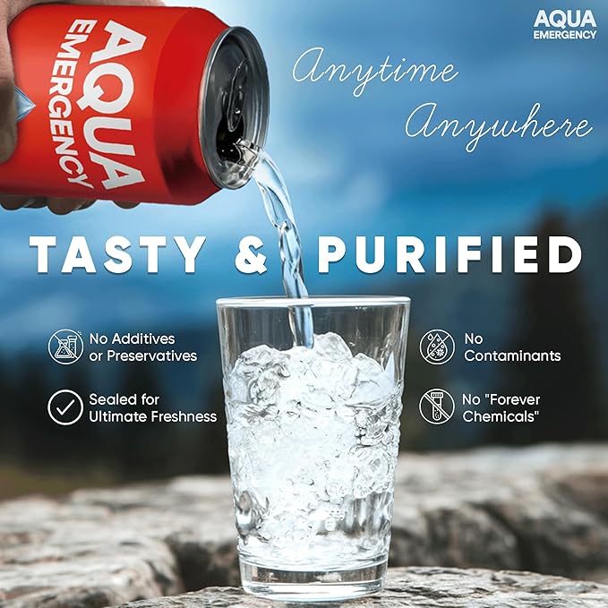 Aqua Emergency Drinking Canned Water- (2400 Cans) 12 fl Oz (50 Years) Shelf Life for Everyday Hydration, Emergency, Survival Use-Purified via Reverse Osmosis | Plant-Based, BPA Free, Eco-Friendly Packaging, Made in USA -100 Case
