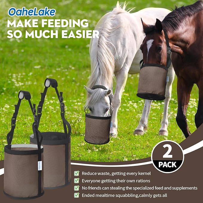 Horse Feed Bag 2 PCs, Breathable Mesh Feed Bags for Horses, Muzzle Feedbag for Feeding Grain, Anti-Spill Design Feeder, Soft Neck Pad Nose Pad, Universal Fit (Camel)