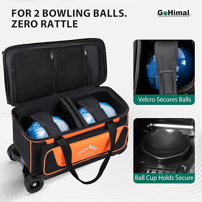 GoHimal ダブルローラー 2ボール ボーリングバッグ シューズ用セパレートコンパートメント付き (USメンズサイズ15まで対応)、特大アクセサリーポケット、格納式ハンドル - 40インチまで延長可能
