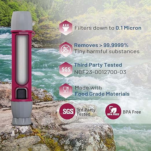 YWF01 パーソナル浄水ストロー 携帯用浄水器 サバイバルギア キャンプ ハイキング 旅行 緊急時の備えに (プラムレッド、2個パック)