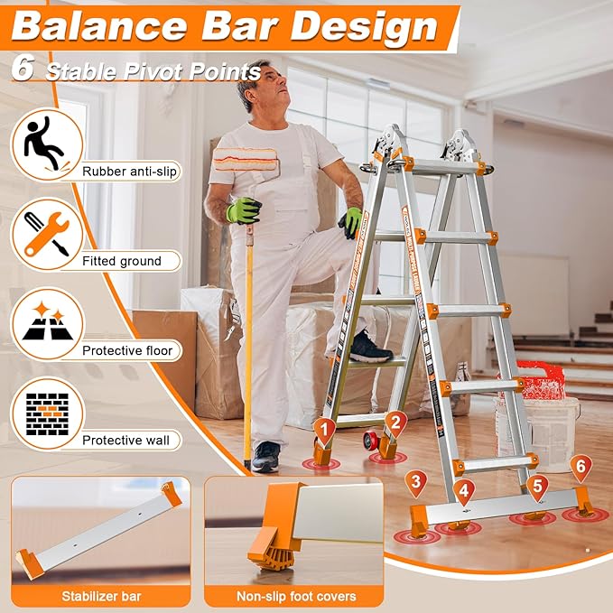 Telescoping A-Frame Ladder- 17FT Folding Extension Ladder with Wheels & Stabilizer Bar, 330lb Security Load Multi Position Ladders for Stairs Home Indoor Outdoor Roof