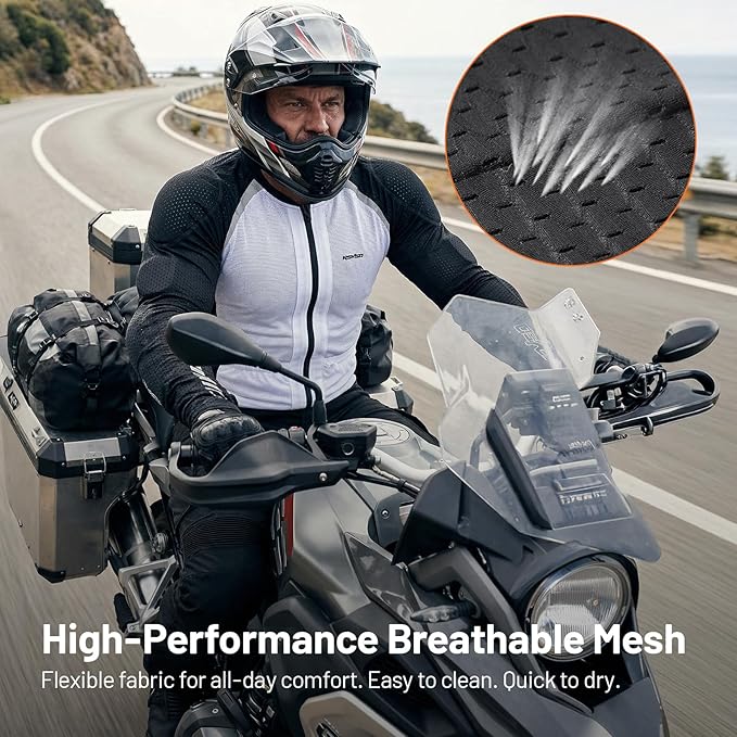 Men's Armored Motorcycle Shirt with CE Certified Protective Mesh Motorcycle Jacket Men with Reflective Strips, All Season Motorcycle Riding Shirt for Motorcycle Bicycle Scooter Riding Gear White