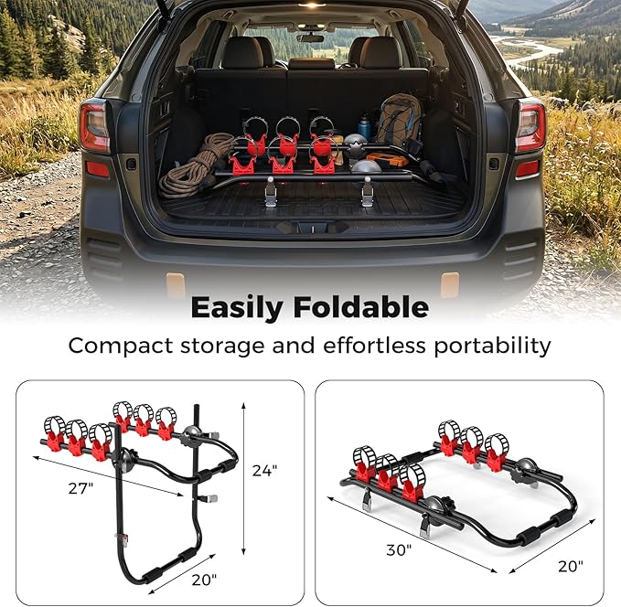 Goplus 3-Bike Trunk Mount Bike Rack, Foldable Carbon Steel Bicycle Carrier for Hatchback, Sedan & SUV, Fixed Straps with Anti-Sway, Soft Padding, Easy to Install & Compact Storage, Black