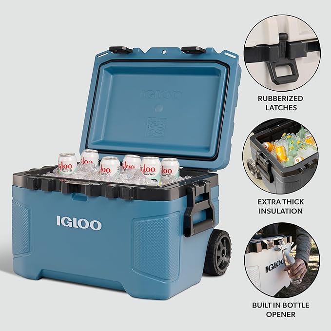 Igloo Trailmate 52Qt ホイールクーラー、断熱ハードシェルアイスチェスト、モダンブルー