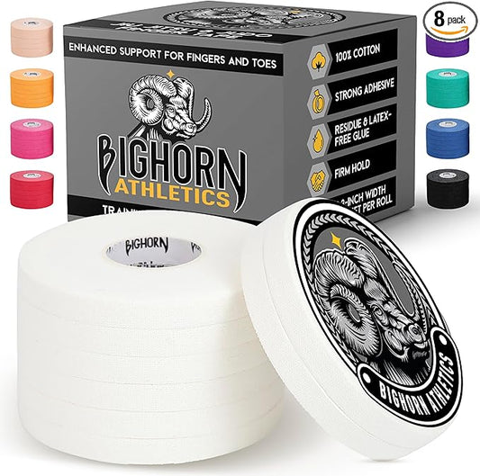Bighorn Athletics Jiu Jitsu Finger Tape | Residue-Free Athletic Finger Tape for Sports & Injuries: Rock Climbing, Volleyball, Football, Basketball, Hands & Toes | 0.3-Inch x 45-feet, 8-Rolls, White