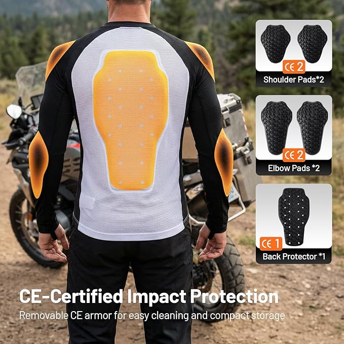 Men's Armored Motorcycle Shirt with CE Certified Protective Mesh Motorcycle Jacket Men with Reflective Strips, All Season Motorcycle Riding Shirt for Motorcycle Bicycle Scooter Riding Gear White
