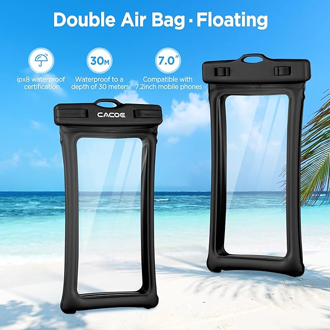 CACOE【水に浮く】フローティング 防水ケース スマホ用 2個セット-7.0インチまで対応、調節可能なネックストラップ付きスマホポーチ、IPX8 携帯電話ドライバッグ ビーチ・プール・水泳用（ブラック+ブラック）