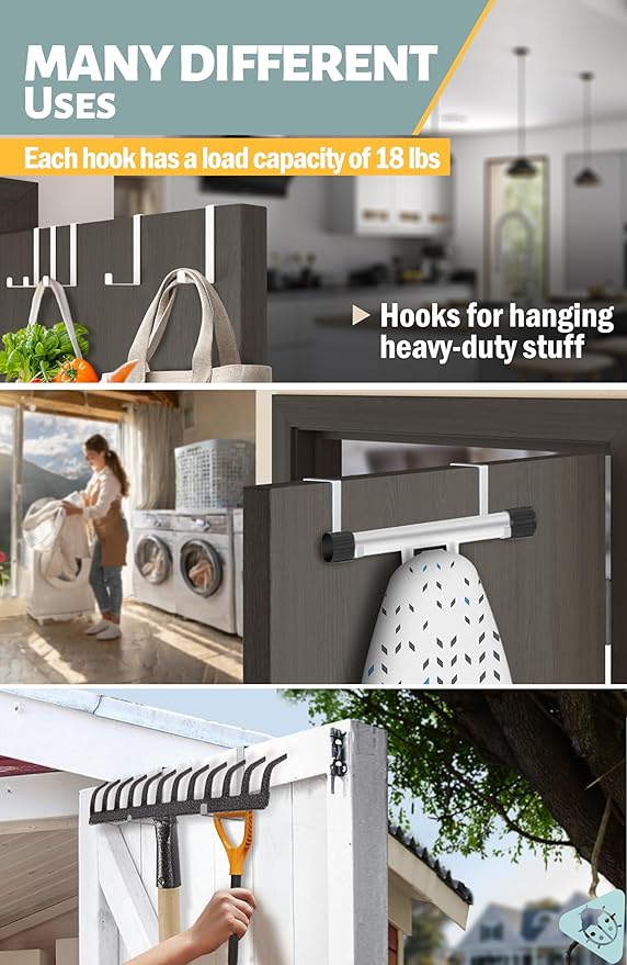 Menz Set of 10 Over The Door Hooks - White Coat Hanger, 2-Sided Towel Holder fits 1 3/8" & 1 3/4" - Hooks for Hanging with Anti-Scratch Felt Pads, Wreath Hanger with Removable Sticky Non-Slip Dots