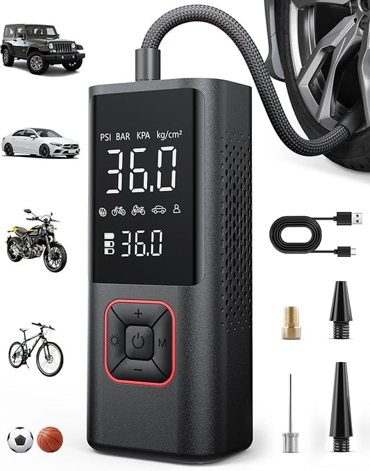 Powools Cordless Tire Inflator 150PSI Portable Air Compressor with Auto Shutoff, Air Pump for Car Tires, Motorcycle, Bike, Balls, Inflatables, LED Light, Red, Large Capacity