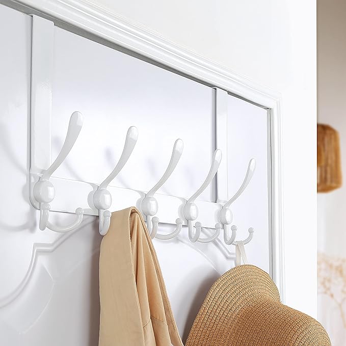 Dseap Over The Door Hook Hanger - Fits 1 3/8" to 1 3/4" Standard Doors | 5 Tri Hooks Heavy Duty Towel/Coat Rack | Door Organizer for Clothes, Jackets, Hats, Towels, White