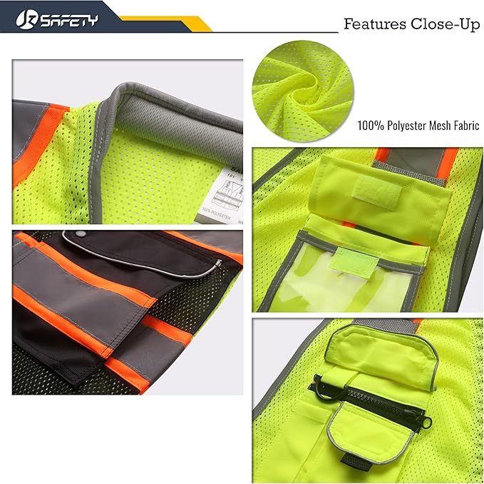 JKSafety 9 Pockets Class 2 Hi-Vis Safety Vest High Visibility Reflecitive Mesh Safety Vests for Men and Women Cushioned Collar Work Utility PPE Work Gear ANSI/ISEA compliant (101-YBlack 3XL)