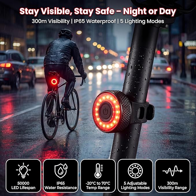 Bike GPS Tracker with Tail Light, Real-Time & Anti-Theft Bicycle Locator, No Monthly Fee/No SIM Card, Works with iOS Find My, 5 Light Modes, IP65 Waterproof, Bicycle Safety Light for Night Riding