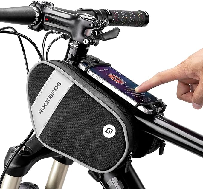 ROCKBROS Bike Front Frame Bag Top Tube Bike Phone Mount Bag Waterproof Bicycle Handlebar Cycling Accessories Pouch with 360° Rotation Phone Holder Fit Smartphone Below 7''