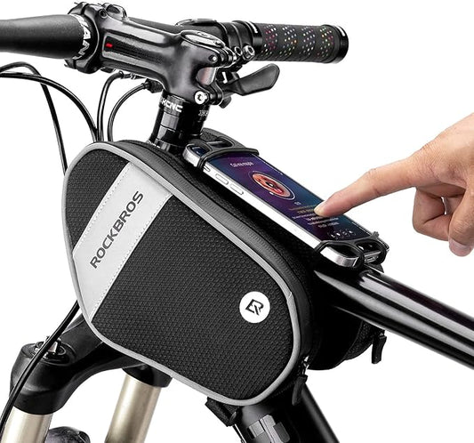 ROCKBROS Bike Front Frame Bag Top Tube Bike Phone Mount Bag Waterproof Bicycle Handlebar Cycling Accessories Pouch with 360° Rotation Phone Holder Fit Smartphone Below 7''