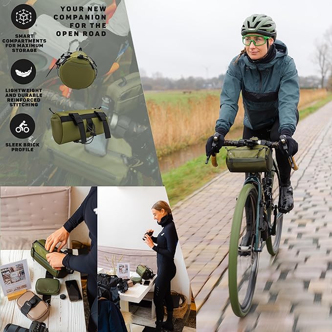 Lumiere & Co. Bike Handlebar Bag - Durable, Multiple-Size Options and Multi-Color Options -Dual Elastic Straps, Clips & Hook & Loop Attachments (Green, Large)