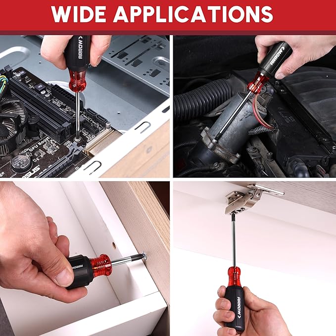 ARROW 8 PCS Magnetic Screwdriver Set, Professional S2 Steel Screw Driver Kit with Non-Slip Grip, Stubby Screwdrivers, Magnetic Phillips and Flathead Tips, for Home and Industrial Use