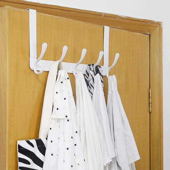 WEBI Over The Door Hook 5 Coat Hooks,Over The Door Towel Rack,Door Hanger Coat Rack Towel Hanger for Hanging Coats,Clothes,Bathroom,White,2 Packs