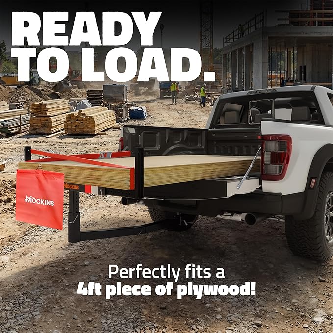 Mockins 750 Lbs Cap Truck Bed Extender Hitch Mount | 2-in-1 All-Weather Steel Canoe Rack & Kayak Trailer w/Stabilizer & Straps | Versatile Bed Extenders for Trucks & SUVs for Ladders, Pipes & Lumber