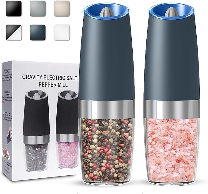 Gravity Electric Salt and Pepper Grinder set of 2, Automatic Salt And Pepper Grinder Set, Adjustable Roughness, Battery Powered, LED Light, 2 Pack, (Grey)