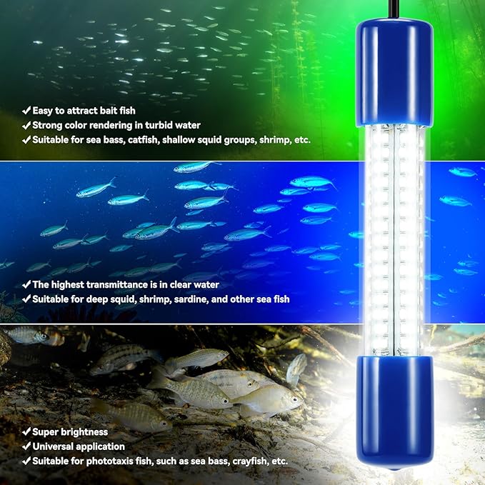 18W水中集魚灯、IP68防水 DC 12-24V LED水中集魚灯 魚誘引ルアー灯 クラッピー・エビ・イカ・ナマズ用 バッテリークランプ付き 16.4ftケーブル 緑/青/白色光