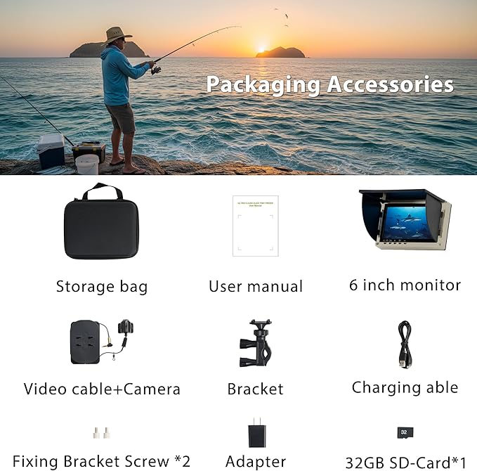 Fish Finder & Underwater Camera: 6'' HD 1080P Waterproof Ice Fishing Camera with Monitor｜Portable Fish Finders for Ice/Lake Fishing｜Depth Finder for Boat/Kayak & Murky Under Water