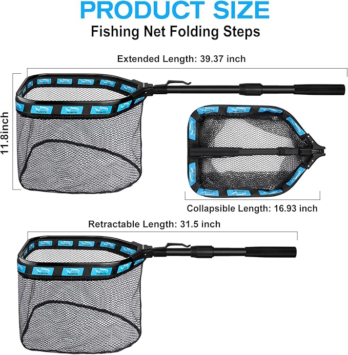 PLUSINNO Floating Fishing Net for Steelhead, Salmon, Fly, Kayak, Catfish, Bass, Trout Fishing, Rubber Coated Foldable Landing Net with Fixed or Telescoping Pole Handle, Fishing Gear and Gifts for Men
