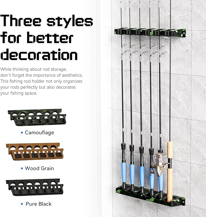 Fishing Rod Holder for Garage Fishing Pole Holders Fishing Rod Rack Vertical Wall-Mounted for Garage Stores 6 Rods or Combos Fits Most Rod Diameters (Black With 2 Type reel rack)