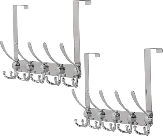 Dseap Over The Door Hook Hanger - Fits 1 3/8" to 1 3/4" Standard Doors | 5 Tri Hooks Heavy Duty Towel/Coat Rack | Door Organizer for Clothes, Jackets, Hats, Towels, Chromed, Pack of 2