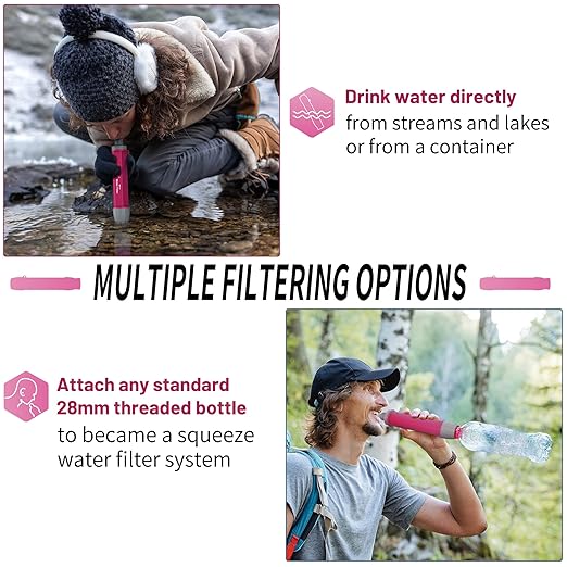 YWF01 パーソナル浄水ストロー 携帯用浄水器 サバイバルギア キャンプ ハイキング 旅行 緊急時の備えに (プラムレッド、2個パック)