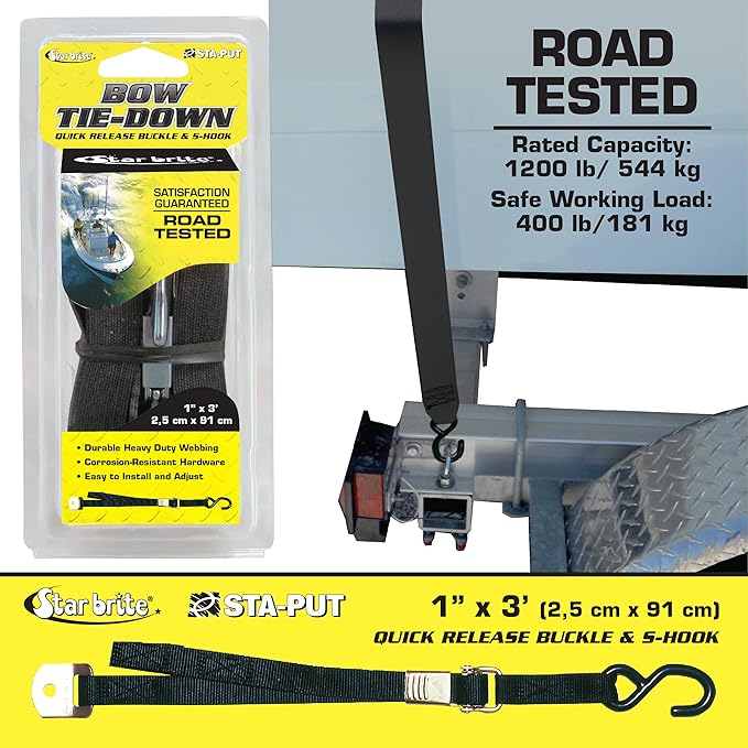 STAR BRITE Tie Down Bow 1" x 36" w/Quick Release Buckle and Coated S Hook and 1 Bracket (060147)