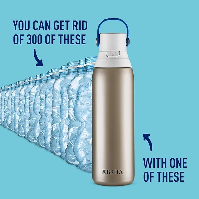 Brita ステンレス製プレミアム浄水ボトル、BPAフリー、再利用可能、断熱、プラスチック製水ボトル300本分相当、フィルター寿命2ヶ月または40ガロン、フィルター1個付き、ステンレス - 20オンス