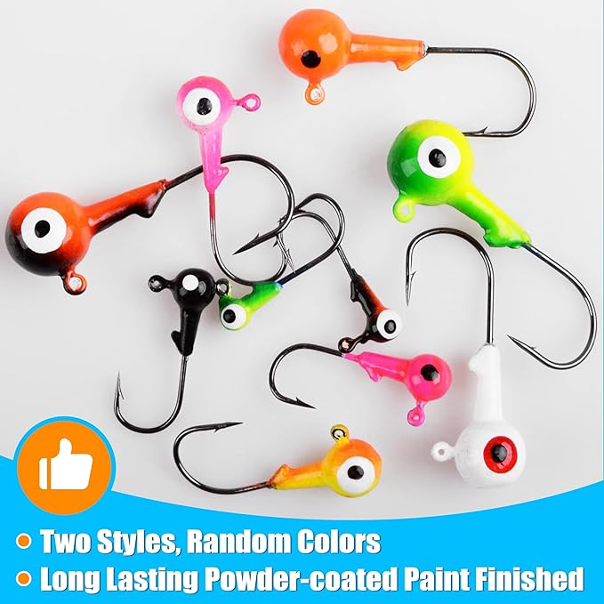 OROOTL Fishing Jig Heads Hooks Set, 60pcs Assorted Round Jig Head with 3D Eyes Painted Jig Heads for Crappie Bass Walleye 3/8oz 1/4oz 1/8oz 1/16oz 1/32oz Saltwater Freshwater Fishing Tackle Kit