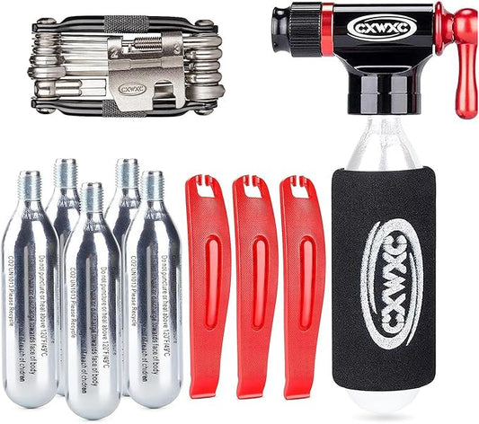 CO2 Inflator Kit with 5 X 16g CO2 Threaded Cartridges- Presta & Schrader Valve Compatible -Portable CO2 Bike Tire Pump Come with Glueles Repair Kit for Road & Mountain Bike