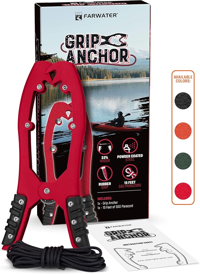 Canoe Anchor Grip - Boat, Float Tube & Kayak Fishing Accessories, Kayaking Equipment - Brush Clamp Anchor with Teeth - Gripper with 15ft Paracord - Rubber Grips - Coated Steel -