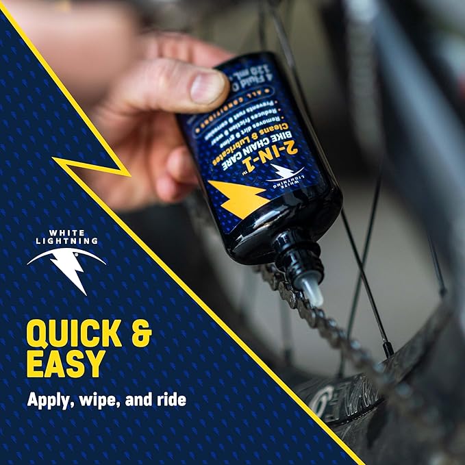 White Lightning 2-in-1 Bike Lubricant and Degreaser – Cleans, Lubricates & Protects Bicycle Chains and Gears, Reduces Friction, Rust Prevention, 4 Fl Oz