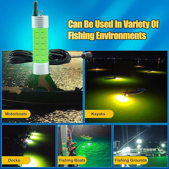 Luckerain Underwater Fishing Light 150W 20000LM Green Light for Fishing 110V&12V Submersible Fishing Attracting Light for Docks,Boats or Yachts, Anti-Corrosion for Fresh & Salt Water 30ft Cable