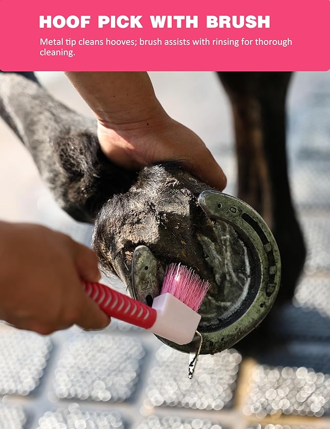 Horse Grooming Kit, 9 Piece Grooming Brush Set with Silicone Curry Comb for Bathing & Shedding Pink Garnet