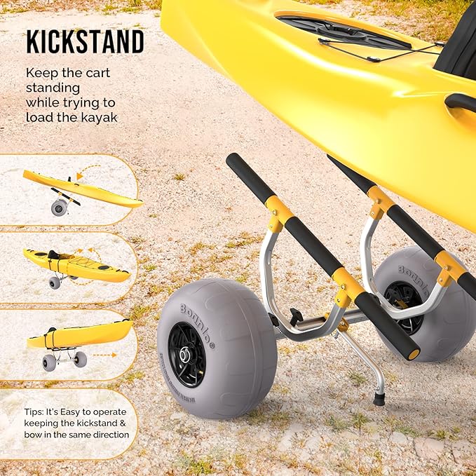 Bonnlo Kayak Beach Cart, Width Adjustable 6.3"-18.7" Universal Canoe Dolly Heavy Duty Kayak Trolley with 12" Balloon Beach Wheels, Kickstand, and Free Pump, Sturdy 330 Lb Weight Capacity