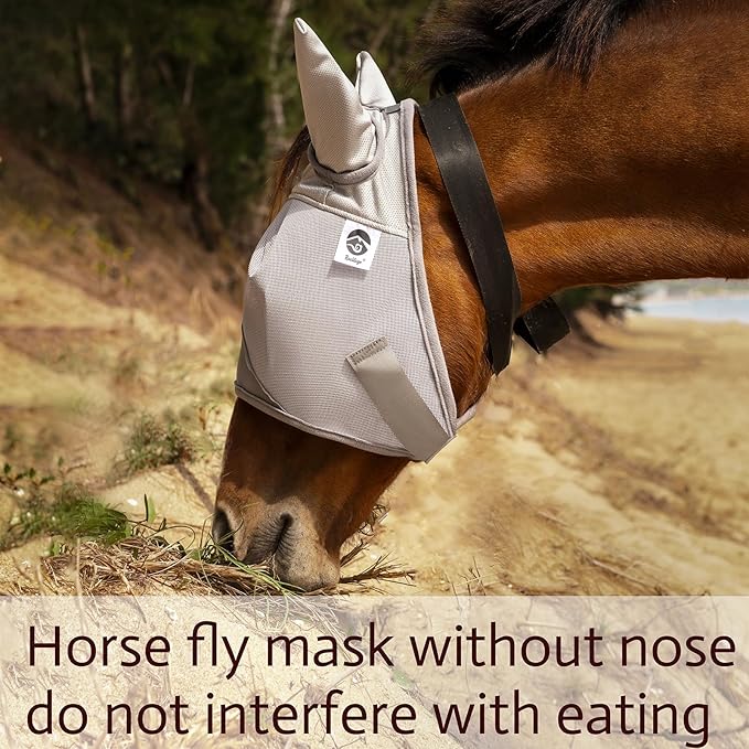 Raelitego Horse Fly Mask, Adjustable Fly Masks for Horses with Ears, UV Protection from Insect Pests Comfort Mesh Without Nose Average Size Horses Accessories(Medium)