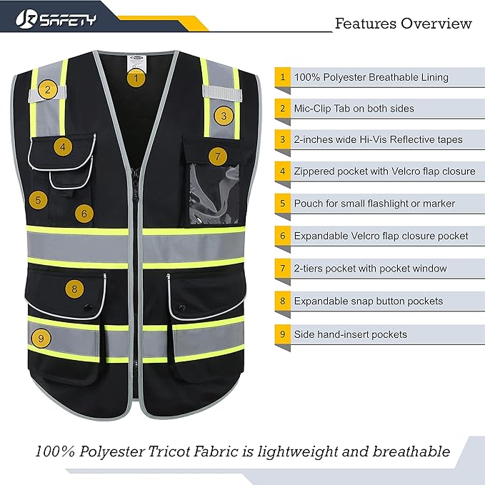 JKSafety 9 Pockets Hi-Vis Black Color Zipper Front Safety Vest Fluorescent Yellow Strips outlining the Reflective Tapes ANSI/ISEA Class 1 (901-Black, 4X-Large)