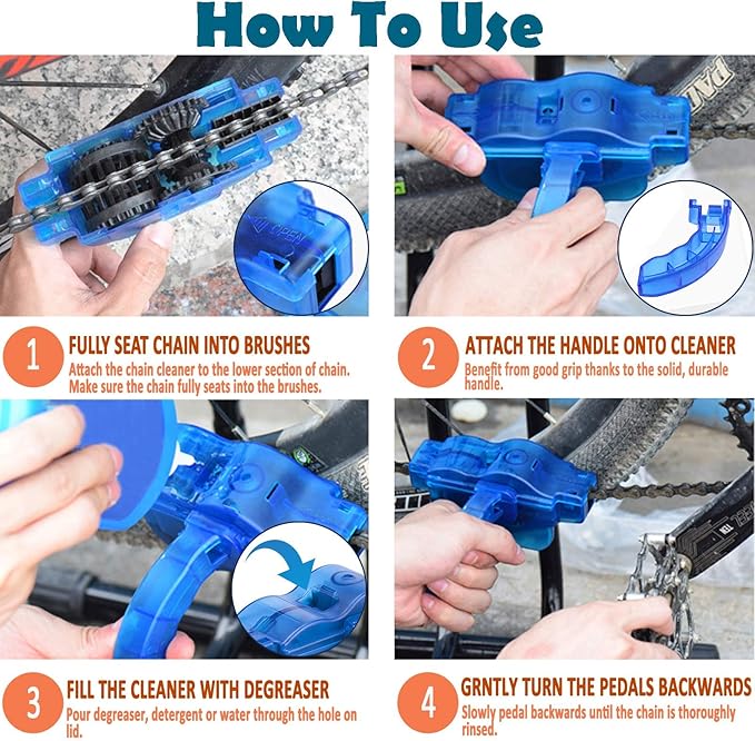 Bike Chain Cleaner, 4 Piece Bike Cleaning Kit, Chain Cleaner for Cycling, Suitable for Mountain Bike, Road Bike, BMX, Bicycle Cleaning Brush Tool for Drivetrain, Gear, Cassette, Sprockets