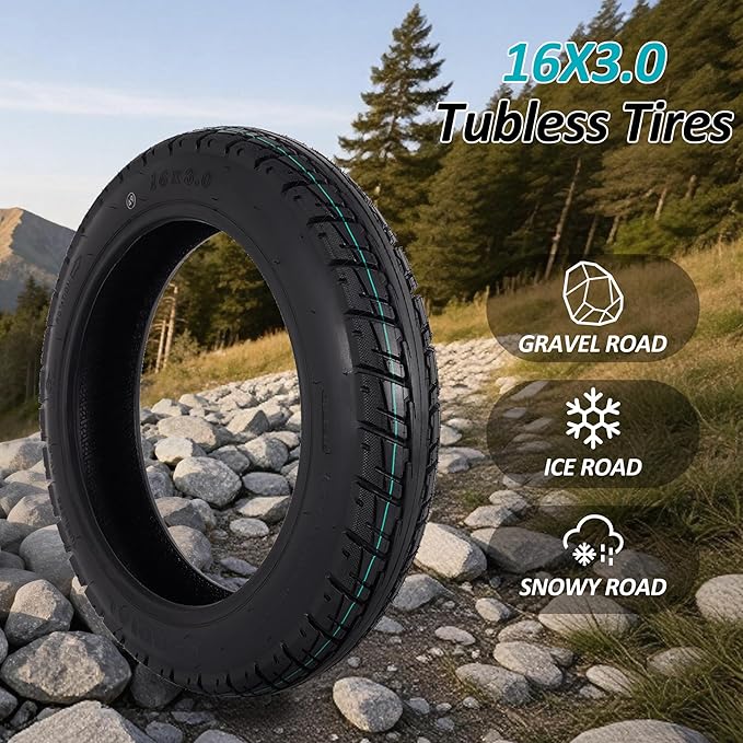 16 Inch Tubeless Tire for Electric Bike, 16x3.0 Puncture-Proof Snow Tire for E-Bike with Valve and Tire Levers, 16” Vacuum Tire Pneumatic Tires